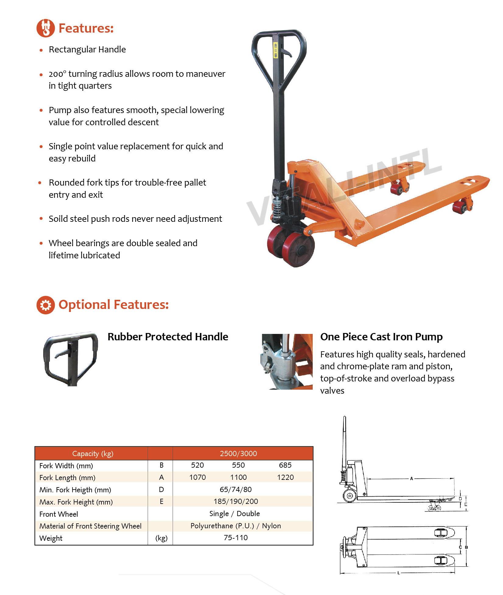 VITALI-INTL Pallet Trucks EUR Type Specifications