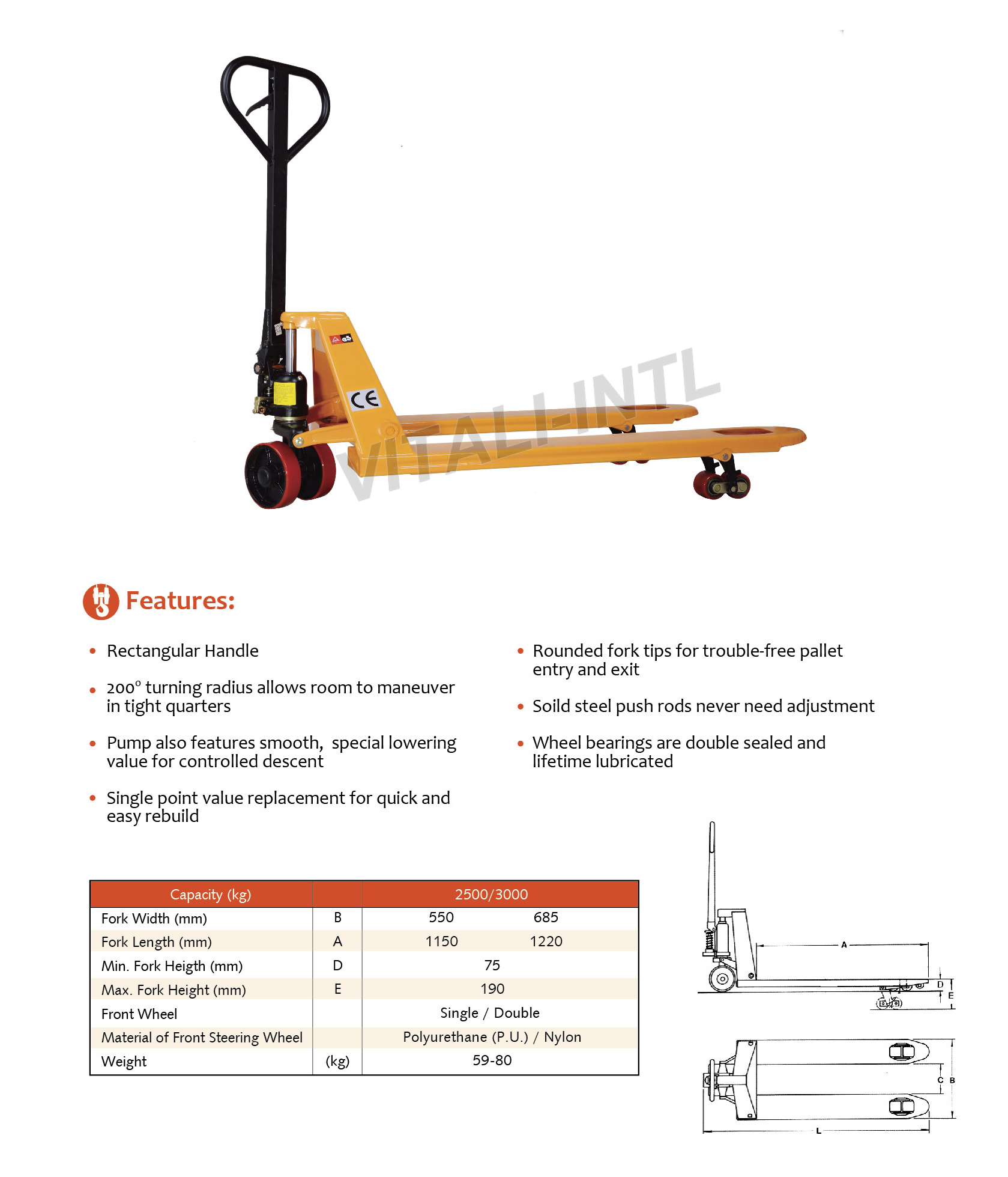 VITALI-INTL Pallet Trucks OBK Type Specifications